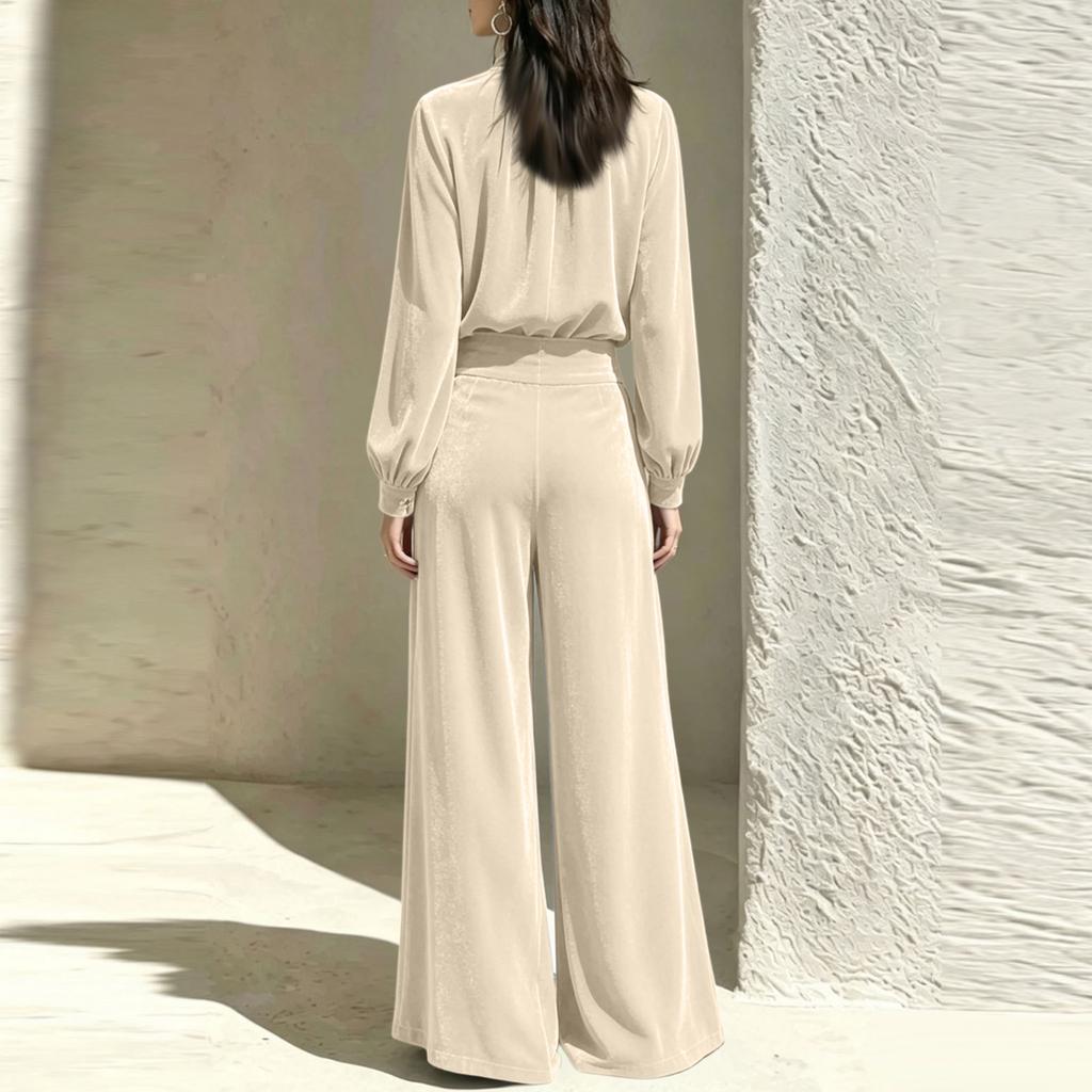 Women's Casual Velour Two Piece Outfit with Pleated Top and Wide Leg Pants