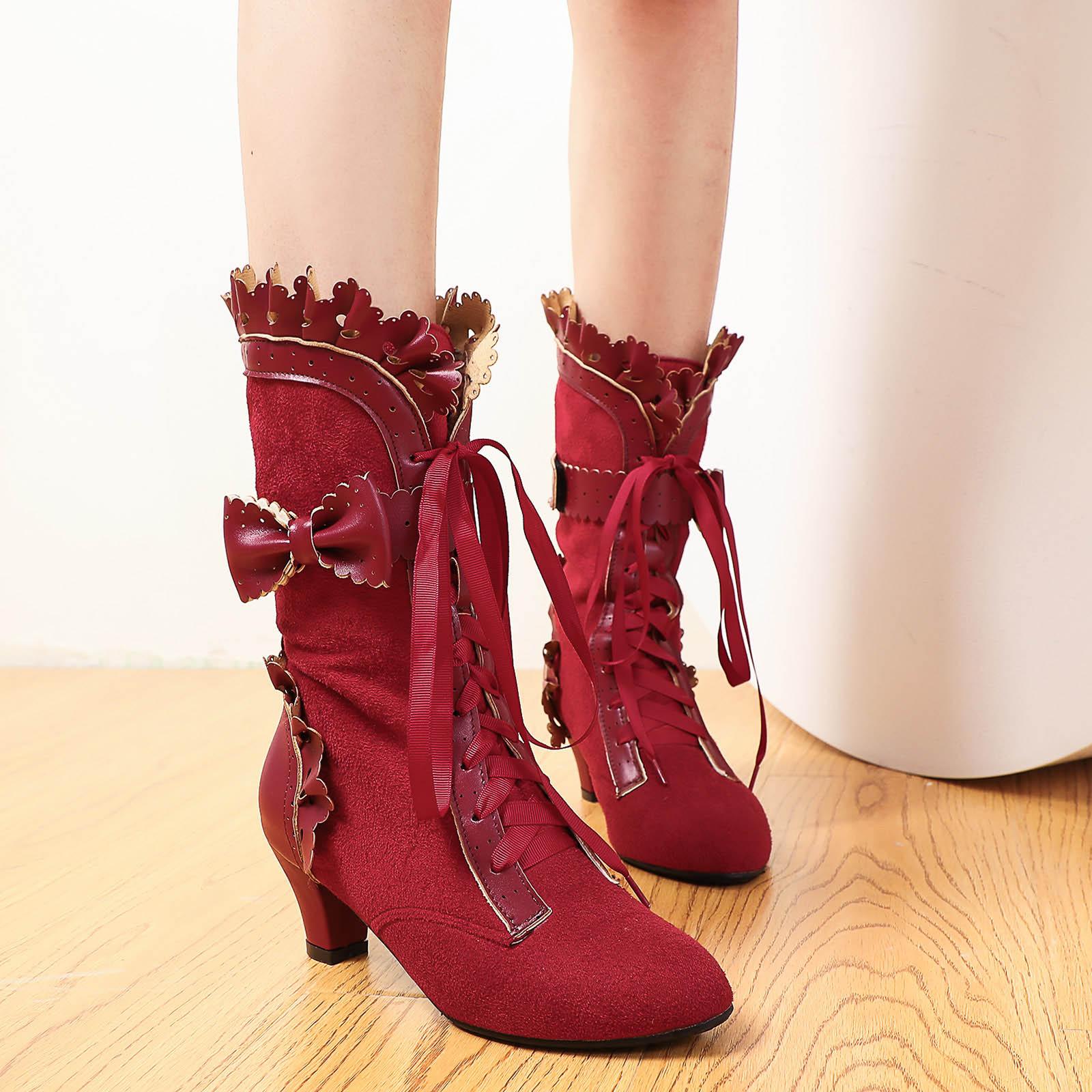 

Women Vintage Boots Lace Bridal Brides Wedding Boots Mid Calf Zipper Costume Mid Heel Dress Boots Womens Printed Socks Mid Calf 36 красный