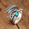 New Retro Medieval Ring for Women, Adjustable Opening Imitation Turquoise, Feather Texture for Old Models