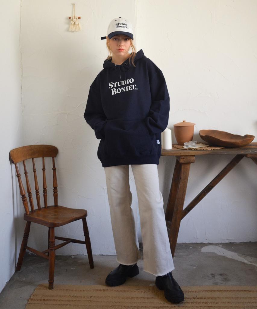 [Fleece Lined] Logo Typo Oversized Hoodie Navy