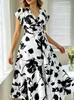 Damen Midi Wickelkleid in Übergröße, Schwarz-Weiß geblümt, V-Ausschnitt, mit Bindegürtel