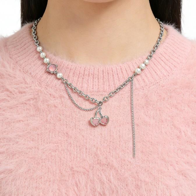 Pink Cherry Spice Sweet Cool Wind Metal Splicing Neck Chain Collarbone Chain