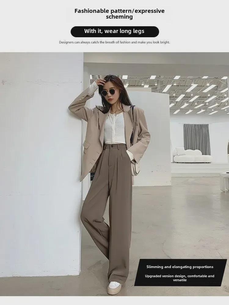Women's High-Waist Brown Wide-Leg Suit Pants - Spring/Autumn Casual Straight-Leg