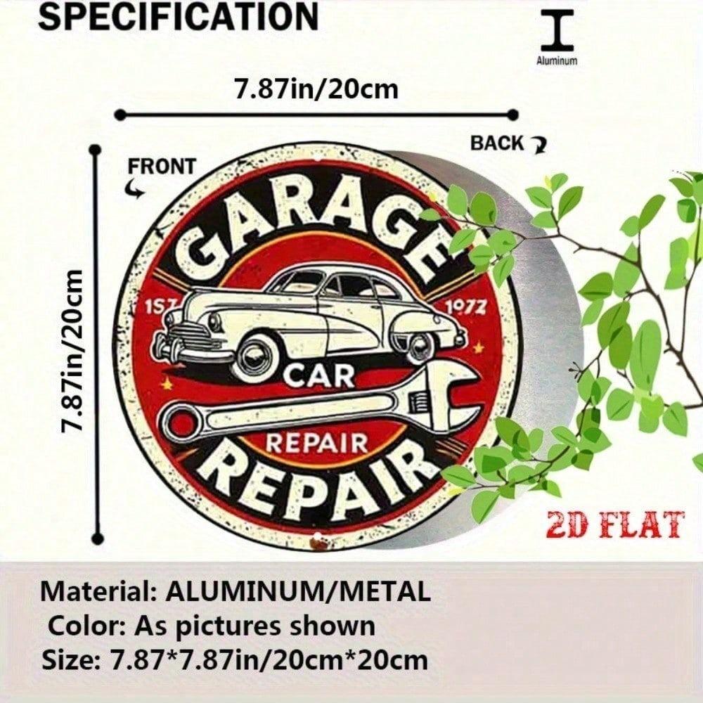Vintage Metal Tin Sign Retro Garage Wall Art 2D Round Rustic Decor Car Tools Illustration Man Cave Workshop
