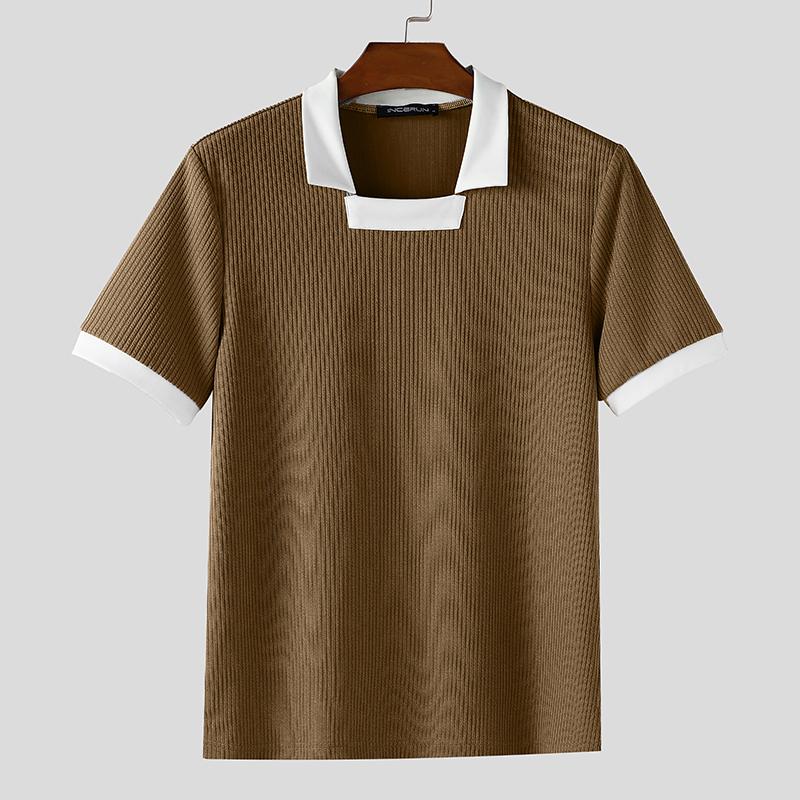 INCERUN Men Lapel Square Collar Short Sleeve Stitching Color Casual Fitted T-shirts
