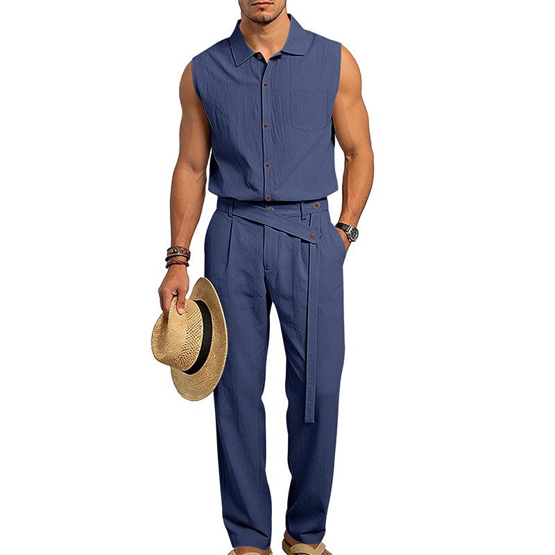 Men's European Summer Linen Sleeveless Shirt & Long Pants Set - Breathable & Trendy Two-Piece