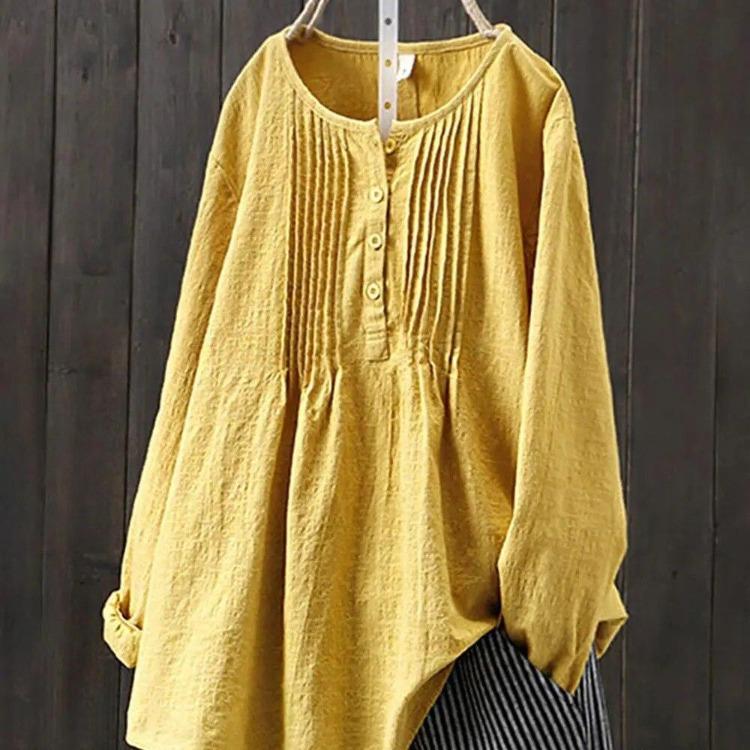 Women's Casual Loose Long Sleeve O-Neck Shirt Autumn Cotton Linen Top Retro Harajuku Solid Color All-match Large Size Blouse