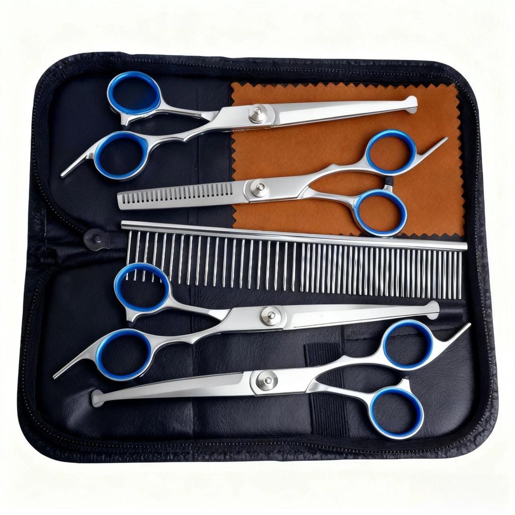 Portable Pet Grooming Scissor Set: Flat & Curved Hairdressing Tools