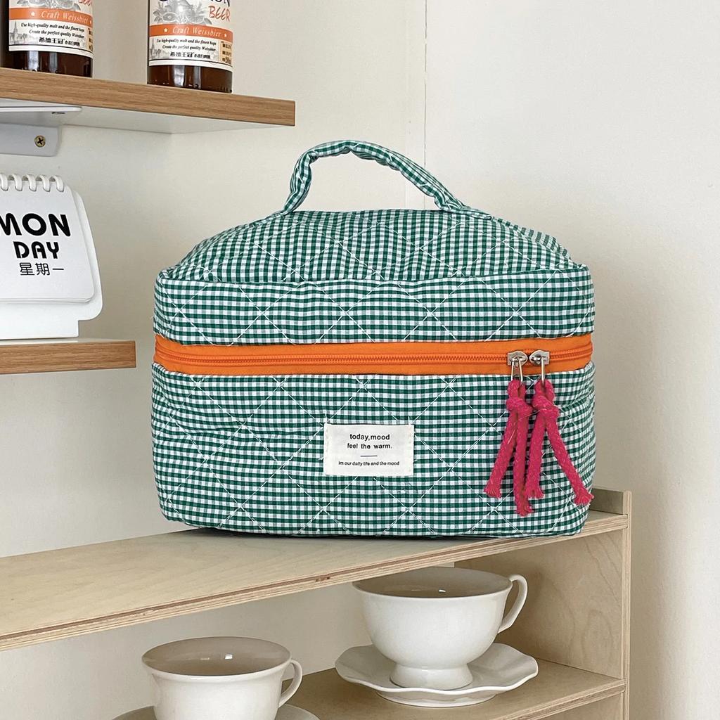Quilted Plaid Girls Cosmetic Bags Retro Ladies Clutch Pencil Case Coin Purse Portable Travel Female Toiletry Storage Bag Handbag