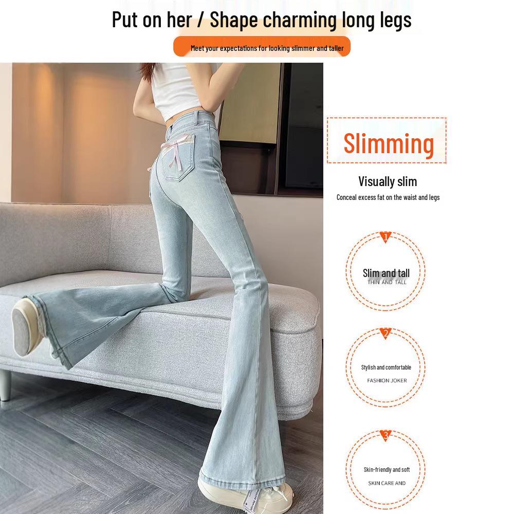 Peach Buttocks Micro-Flare Jeans: Women's High-Waisted, Light Blue, Butt-Lifting, Bow Knot, Spring 2026.