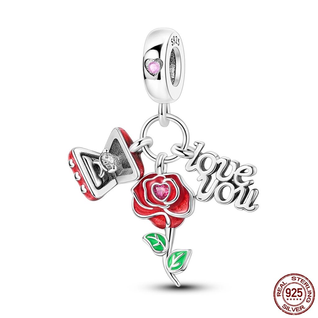 Copper ValentineS Day Couple Love Heart Rose Pendants Charm Bead Fits Genuine Bracelets DoItYourself Jewellery Gifts Women