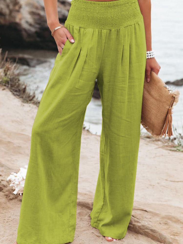 High Waisted Wide Leg Pants with Elastic Waistband, Light Beige Loose Fit Trousers for Women