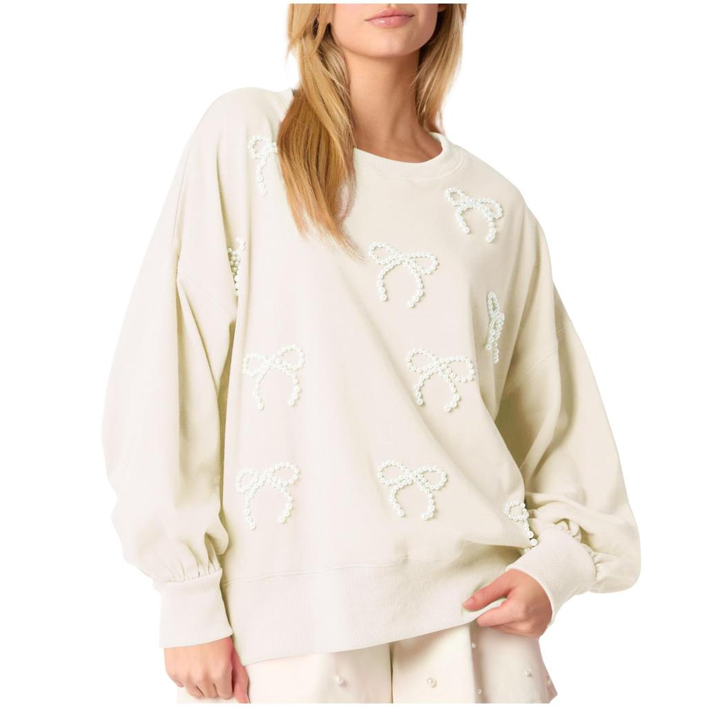 Women's Solid Color Pearl Bow Long Sleeved Top Sweatshirt