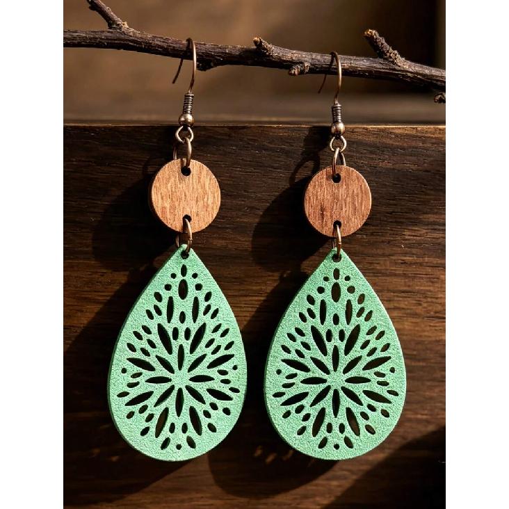 1 Paio Orecchini Pendenti Bohemien Vintage Intagliati a Intarsio in Pelle e Fetta di Legno per Donna