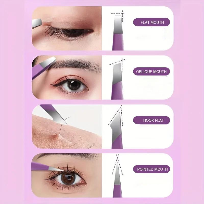 4-piece Stainless Steel Eyebrow Tweezers Purple Set Makeup Tools for Eyelash Extension, Eyebrow Shaping, Hair Removal