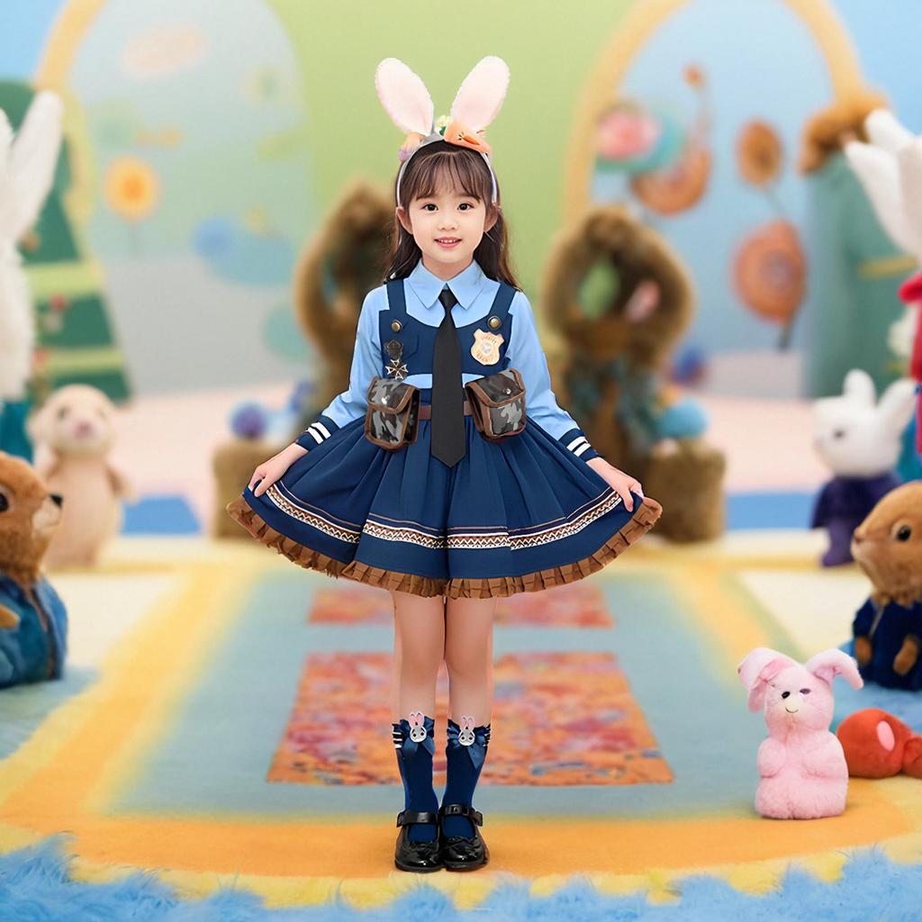 Judy Cosplay Costume Kids Set Police Officer Performance Full Outfit Children's Lolita Skirt Hat Hairband Complete Costume