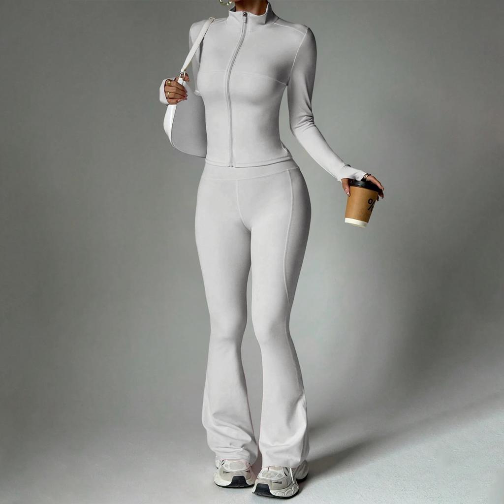 Women's 2 Piece Yoga Set with Zip-Up Long Sleeve Jacket and Flared Pants for Fitness and Training