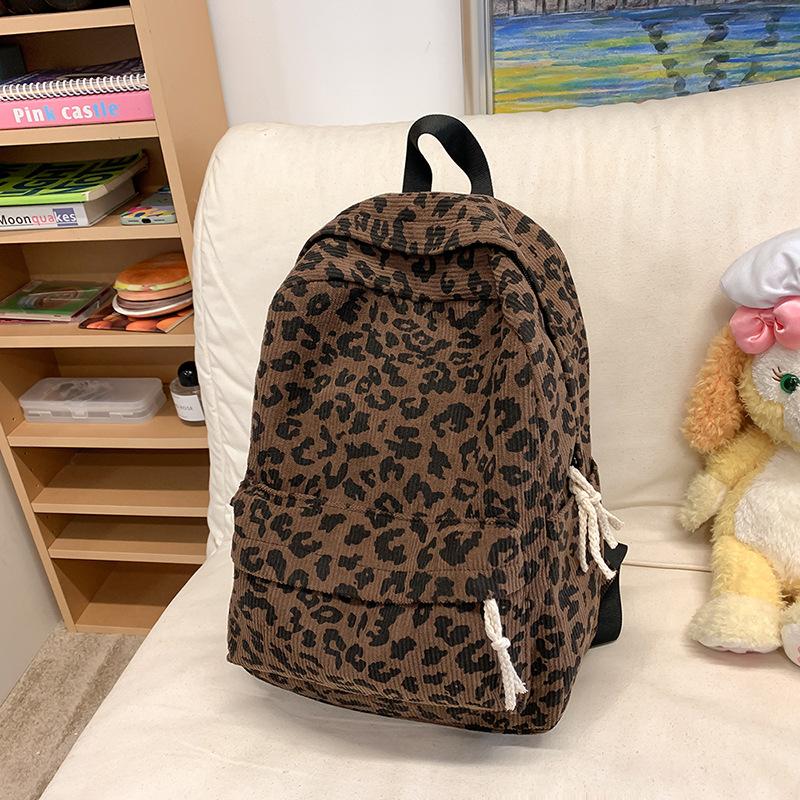 Women's Leopard Print Backpack Fashion Hundred Corduroy Backpack Trendy Student School Bag High Value Large Capacity Backpack