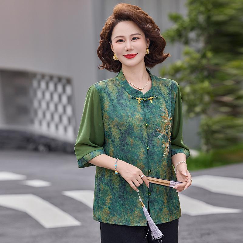 

Chinese Style Printed Summer Shirt for Middle-aged & Elderly Women - Slimming Mid-Sleeve Top 5XL (for 72.5-80 kg) зелёный