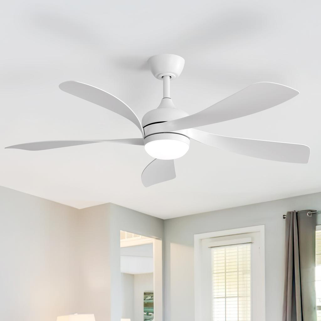 Modern 42-inch ceiling fan with lighting and remote control, 5 ABS blades, reversible, quiet direct current motor – White