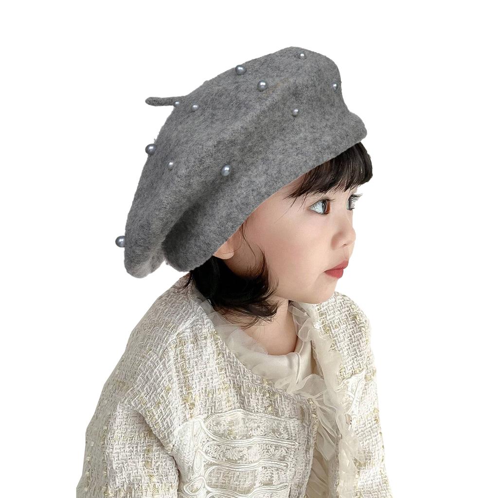Kids Pearl Decor Beret Hat, Girls French Style Wool Painter Beret, Autumn Winter Warm Beanie Cap for 2‑6 Years Old, Head Circumference 48‑53cm