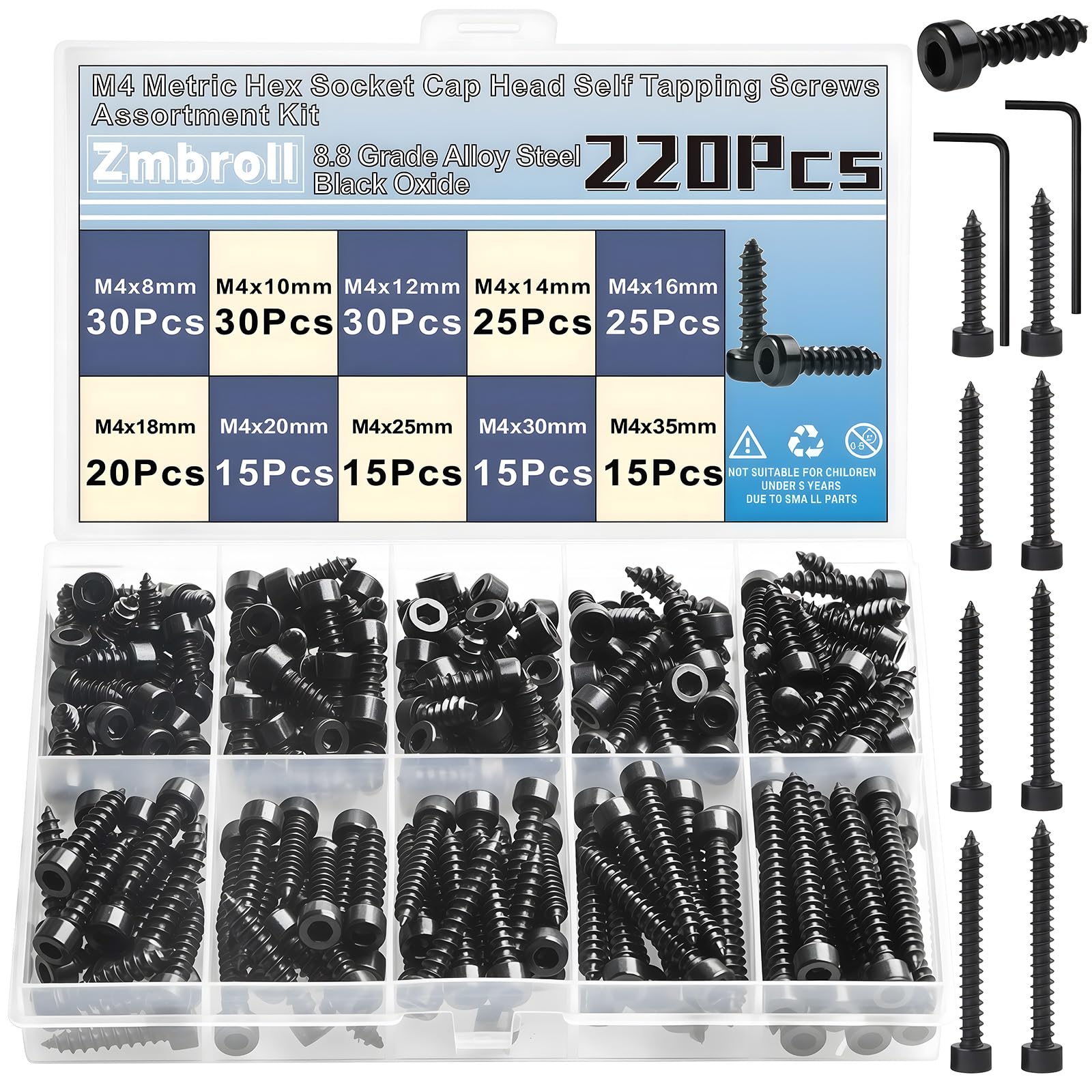 

Zmbroll 220pcs M4 Hex Socket Head Cap Grade Black Carbon Hex Socket Sheet Metal Wood Screws with Wrench Self-Tapping Screws,