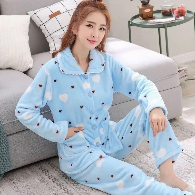 Winter Pajamas Coral Velvet Thickened Small Plus Velvet Warm Coral Long-sleeved Suit Two-piece Pajamas Women Autumn and Winter