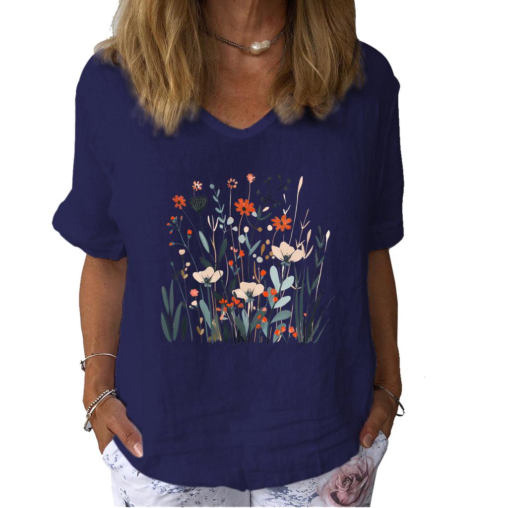 Ženy Móda Lněná halenka Léto Neformální Tričko s krátkým rukávem Dámské Květinový potisk Pulovr Volný Top