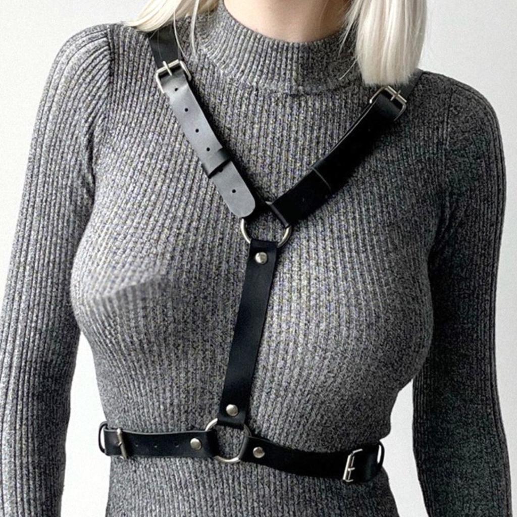 Fashion Body Chain Set: Leather belt paired with cage-style chest harness accessory, perfectly complements carnival outfits