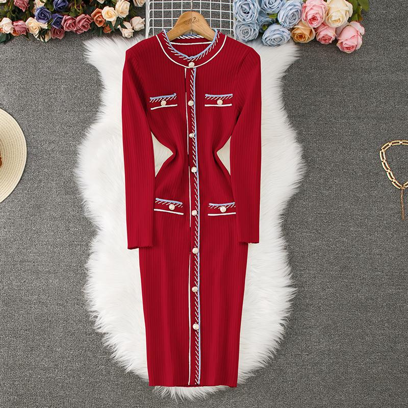 Autumn Winter Women Elegant O-neck Knitted Sweater Slim Bodycon Sheath Pullover Dresses