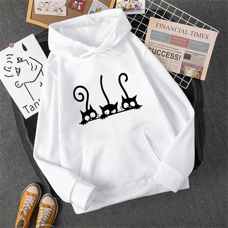 New Womens Sweatshirts Cute Cat Printing Home Party Casual Hoodies Loose Sports Pullover Tops Autumn Winter Daily Woman Clothing