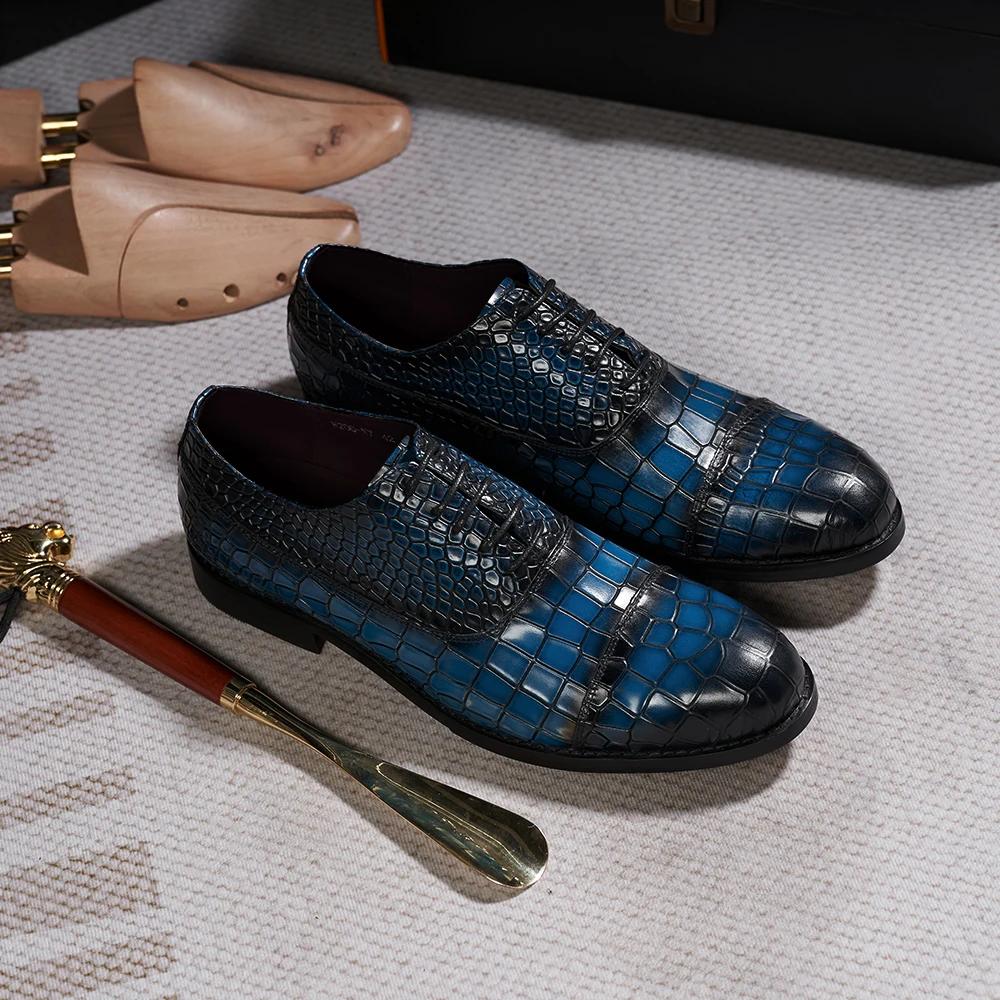 Fashion Luxury Men's Genuine Leather Oxfords Cap Toe Alligator Pattern Snake Print Lace-Up Office Wedding Party Dress Shoes