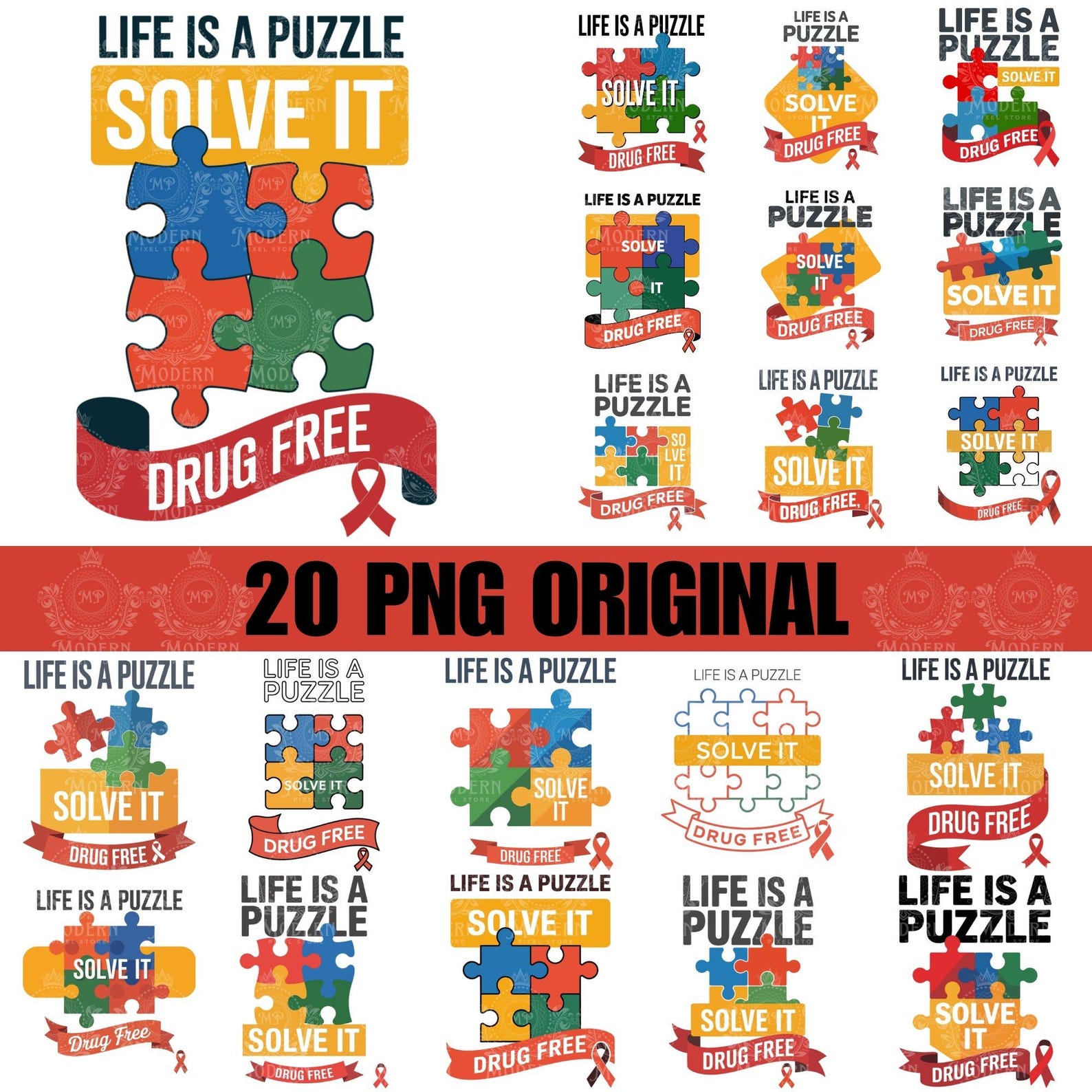 20 Life Is A Puzzle Solve It Drug Free PNG SVG T-Shirt Design | Drug Free Awareness PNG | Red Ribbon Week Shirt | School Spirit Tee Design 2XL