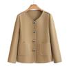 Women's Fashionable Round Neck Solid Color Cardigan Trench Coat Simple Short Jacket Top