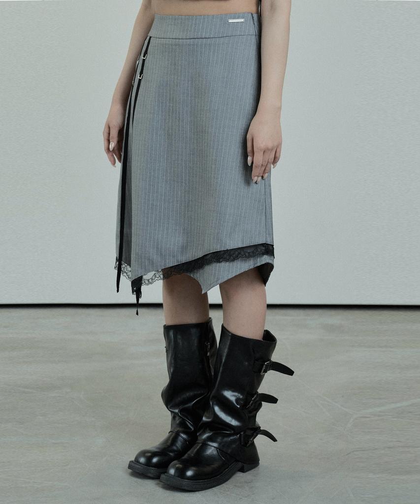 Etosome Stripe Lace Midi Skirt (Gray)