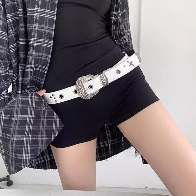 Antique Rivets Studded Waist Belt With Engraved Pattern Buckles PU Leather Pin Buckles Waistband For Women Jeans Pants