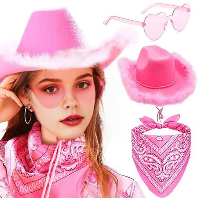 3Pcs/Set Cowboy Hat Set Women Pink Western Felt Cowgirl Hat with Bandana Glasses Accessories Headwear