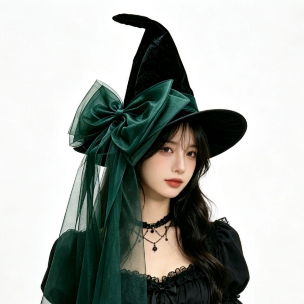 Mesh Yarn Witch Hat Lace Fabric Velvet Material Pointy Hat Detachable Bow Organza Bow Wizard Hat Costume Accessories