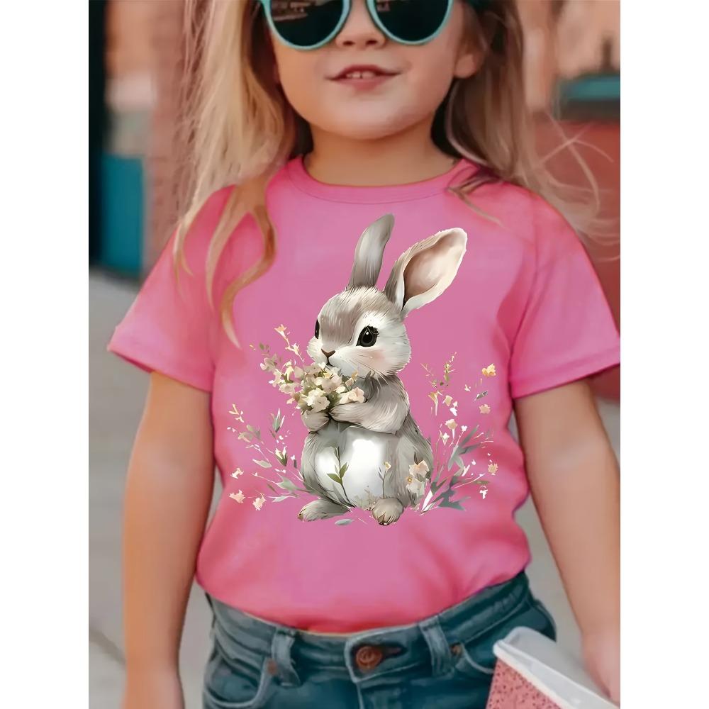 Summer EASTER Cute Bow Rabbit Print Childrens Cotton Tshirt Casual Trendy Girls Short Sleeved Shirts Fashion Kids Clothes Tees