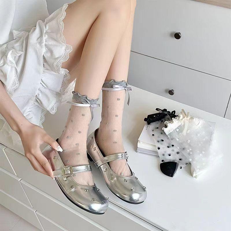 Women Socks Polka Dot Stockings Transparent with Bow Lolita Style for Girls