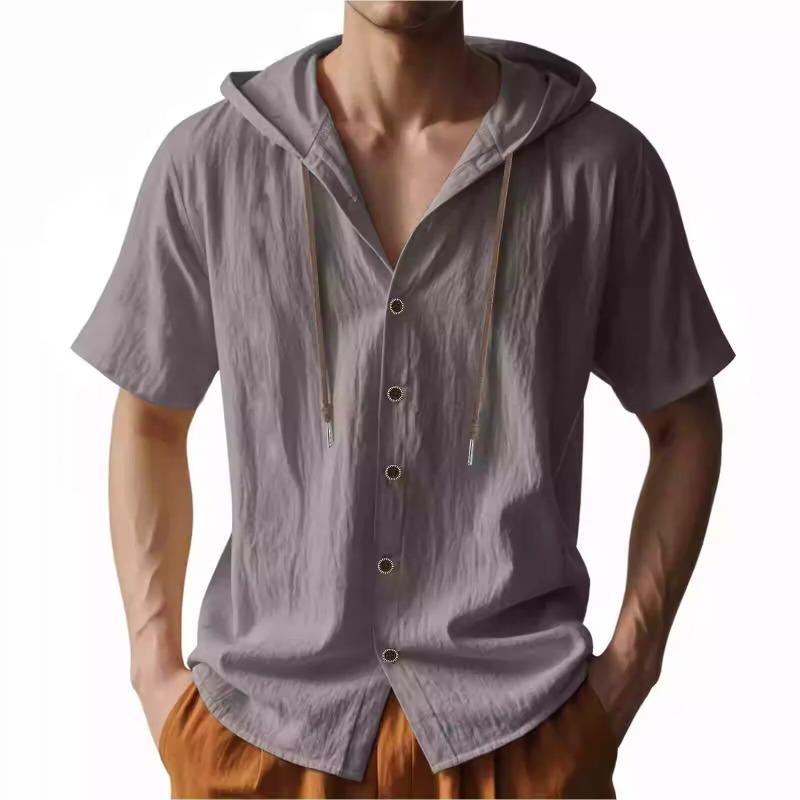 

Linen Shirt Men Hooded Short Sleeve Solid Color Breathable Lightweight Drawstring Design Shirts Casual Basic Tees S темно-серого