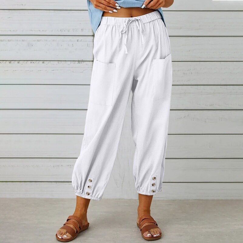2025 New European and American Cross-Border Amazon Wish Loose High-Waisted Buttoned Cotton-Linen Cropped Wide-Leg Women's Pants