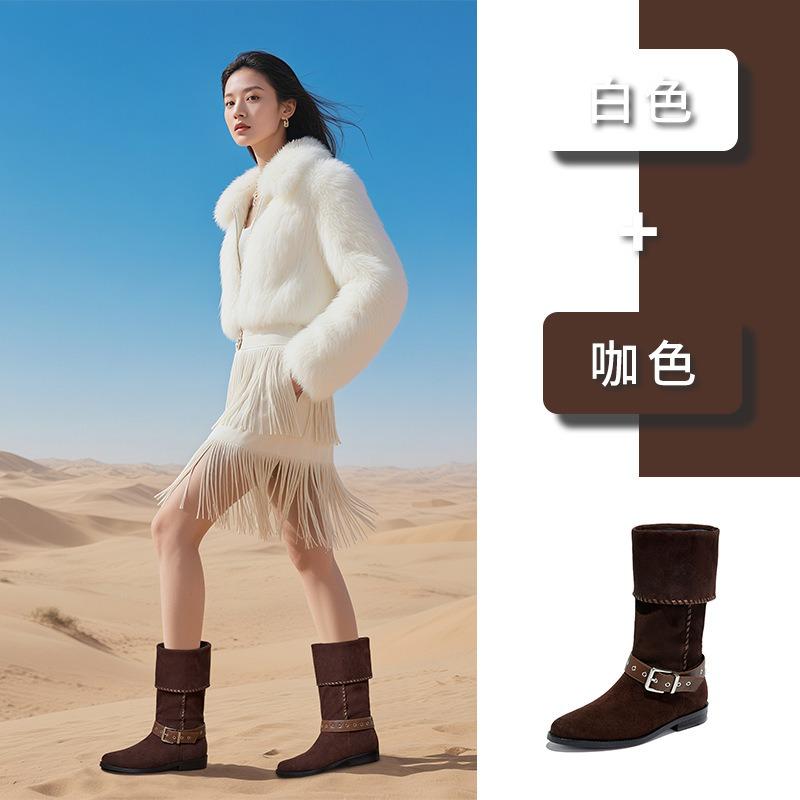 Retro stacking boots autumn and winter new thick heel buckle western cowboy knight boots casual boots