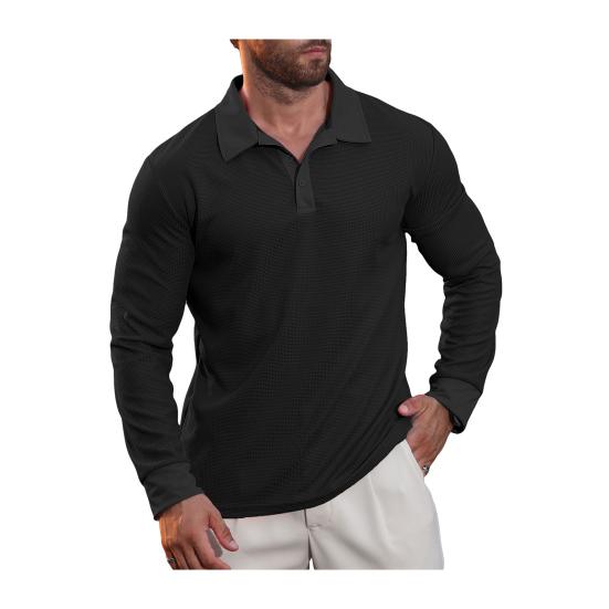 

Men Waffle Golf Shirt Long Sleeve Turndown Collar Shirt Quarter Button Neck Casual Shirt for Vacation Office Party Date S чорний