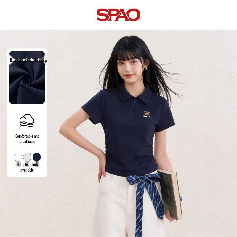 SPAO Women s Slim Fit Polo Collar Ruched Short Sleeve Top L
