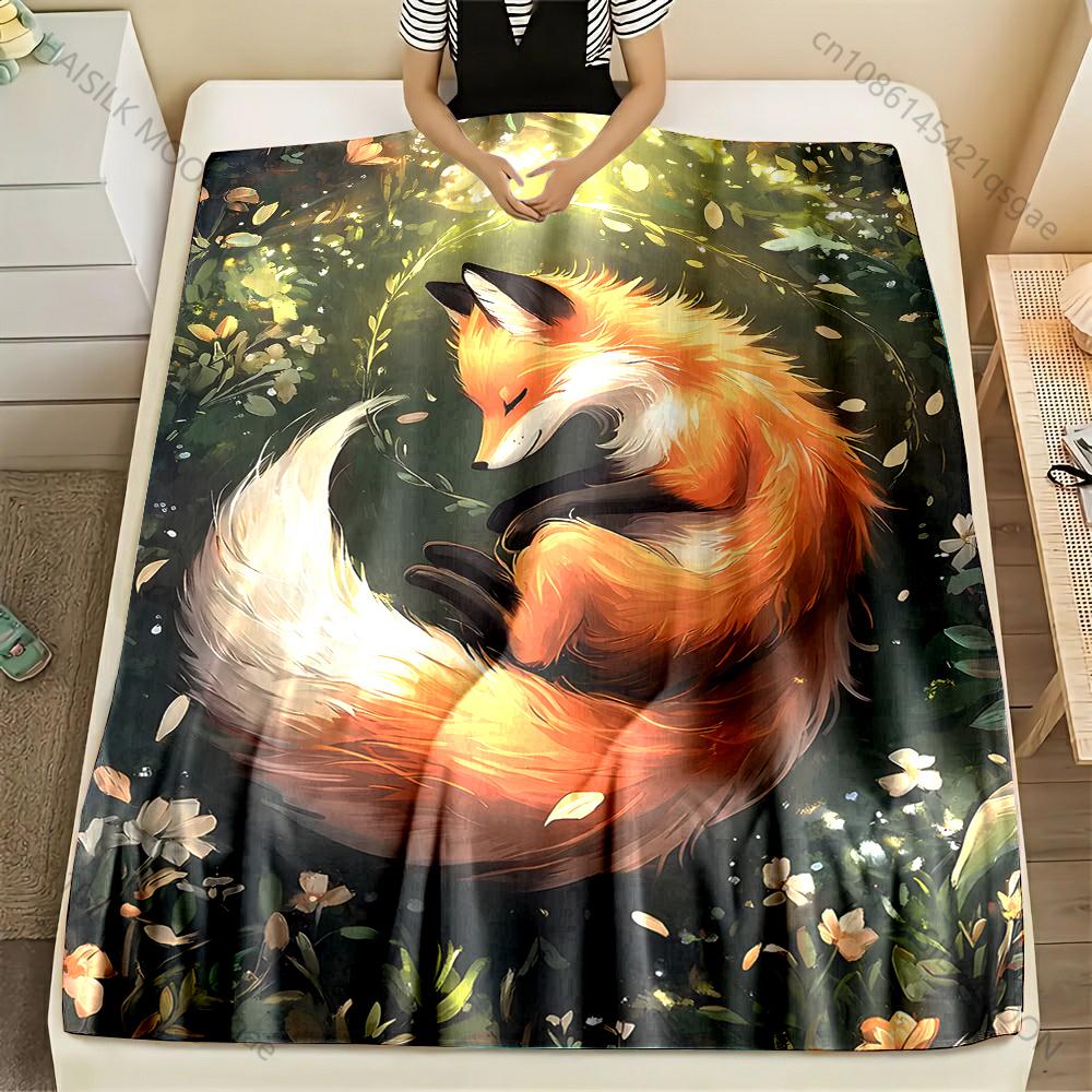 Multiple Sizes Sleeping Fox In Forest Print Blanket Flannel Material Soft Warm for All Seasons Home Outdoor Camping Picnics