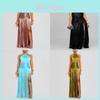 Metalic Sheen Elegant Sleeveless Backless Dress With Slit For Party And Evening Wear