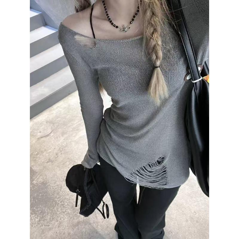 

Дизайнерская сенсорная дырочка, полая вязаная блузка, весна и лето, новая тонкая, стройнящая, с темпераментом, топ женский one size fits all серый