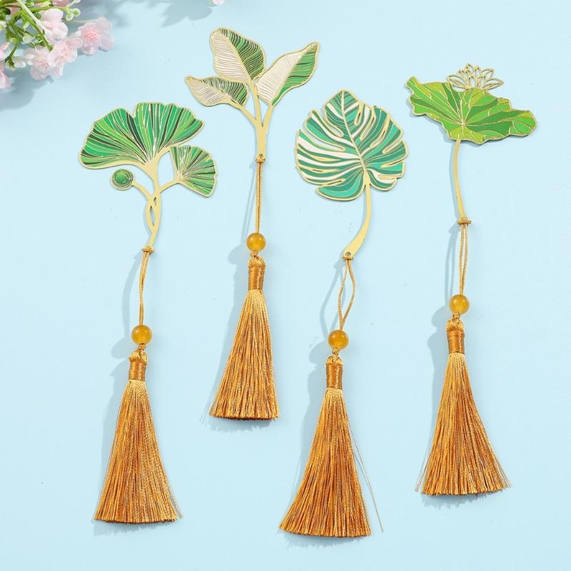5 Pcs Chinese Style Bookmarks Page Markers Reading Bookmarkers Leaf Shape Bookmarks Metal Bookmarks with Tassels