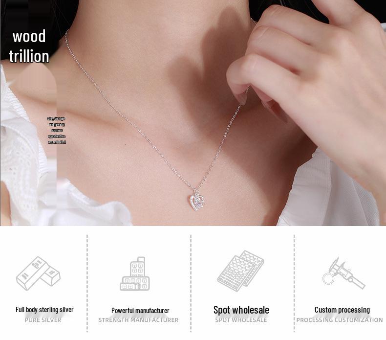 Sterling Silver Heart & Diamond Inlaid Pendant Necklace - Women's Luxurious Clavicle Chain Choker.